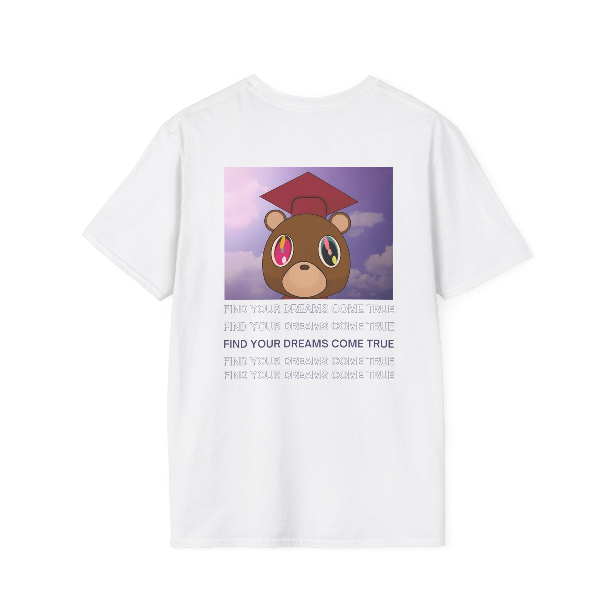 White t-shirt with a graphic of a bear wearing a graduation cap and text on a white background